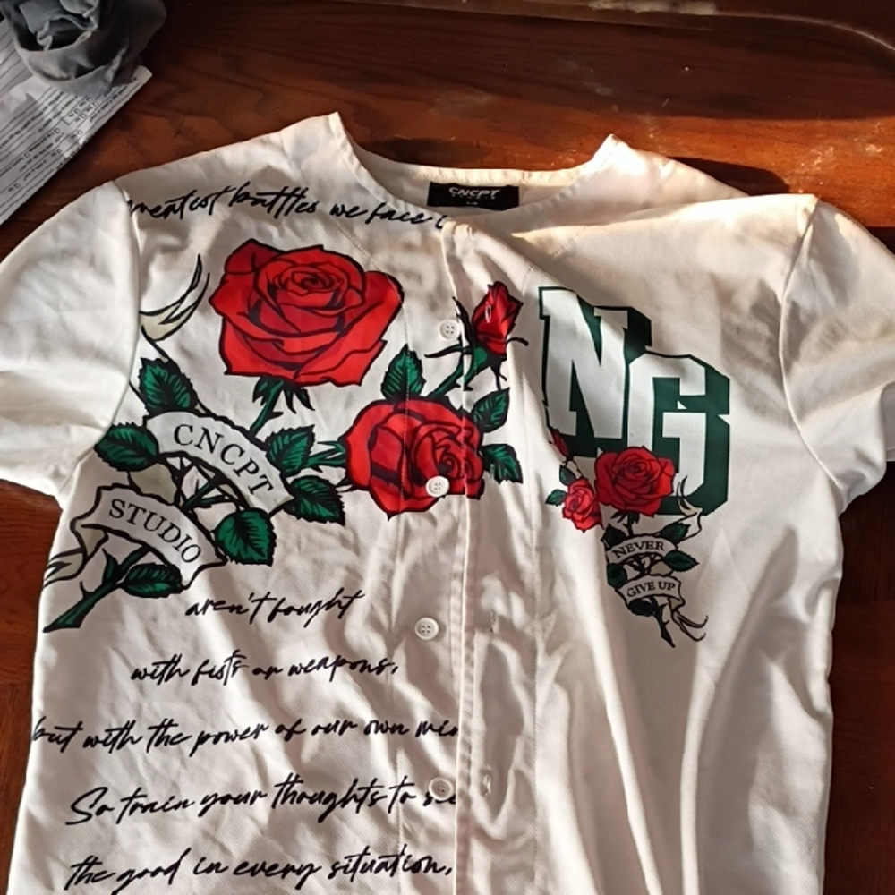 White Graphic Button-Up Shirt with Red Roses